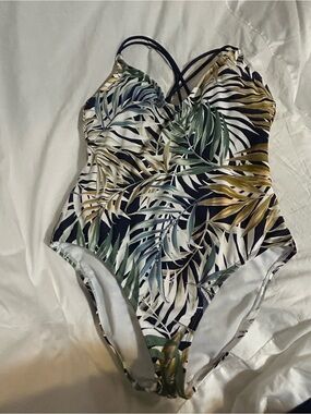 Hurley Girls One-Piece Swimsuit - White, Green & Gold Leaf Print